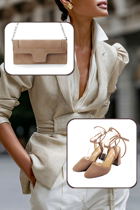 Women's biscuit beige elegant closed-toe heels, with crossed straps. Round toe. High flare heels - Top view